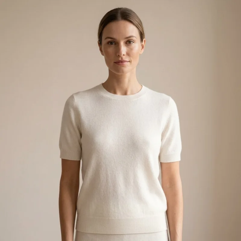 Women's 100% Pure Cashmere Short-Sleeve Sweater - Ivory White, Ultra-Light, Soft - Main Image