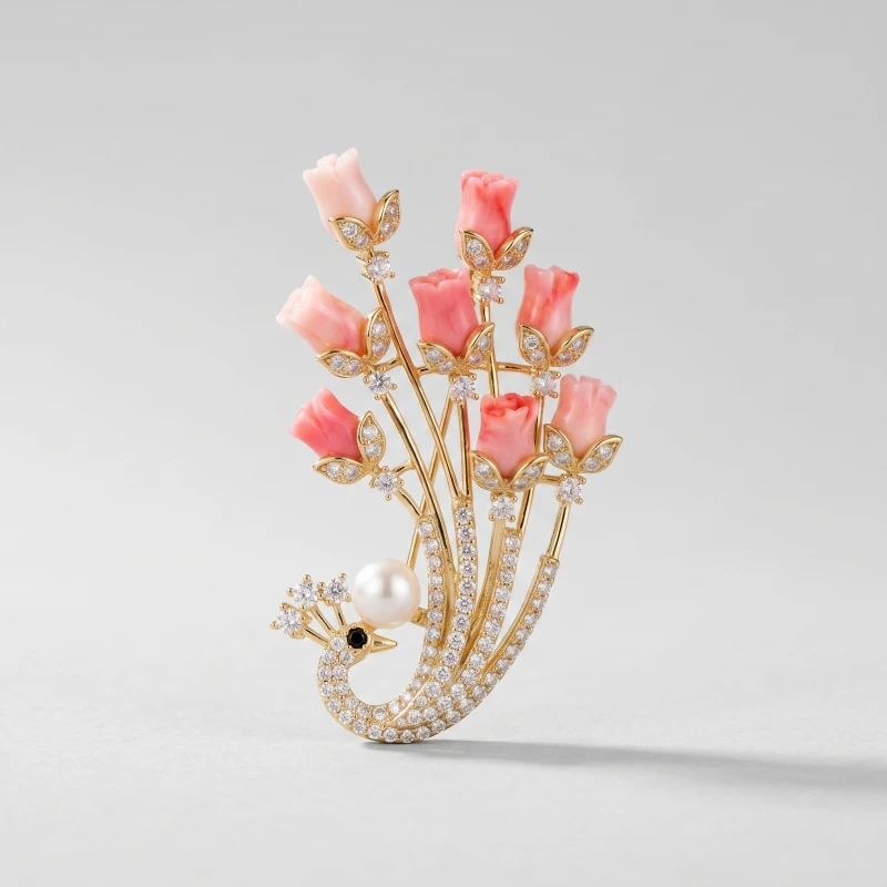 Freshwater Pearl Floral Brooch with Peacock-Inspired Design - Main Image