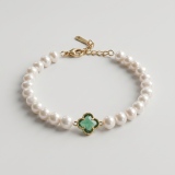 Four-Leaf Clover Pearl Bracelet, 6.8-6.10mm, 6in+2.5in Adjustable, 14K Gold Plated thumbnail 1