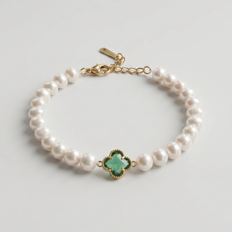 Four-Leaf Clover Pearl Bracelet, 6.8-6.10mm, 6in+2.5in Adjustable, 14K Gold Plated - Main Image
