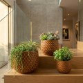Set of 3 Handmade Glazed Ceramic Planters - 9in/7in/5in, Diamond Pattern Terracotta Brown 2