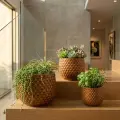 Set of 3 Handmade Glazed Ceramic Planters - 9in/7in/5in, Diamond Pattern Terracotta Brown 2