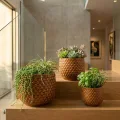 Set of 3 Handmade Glazed Ceramic Planters - 9in/7in/5in, Diamond Pattern Terracotta Brown 2