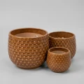 Set of 3 Handmade Glazed Ceramic Planters - 9in/7in/5in, Diamond Pattern Terracotta Brown 1