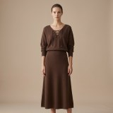 Premium Women's Cashmere A-Line Maxi Skirt - Elegant Coffee Brown, Size L thumbnail 3