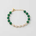 Emerald Agate and Pearl Bracelet - 18K Gold Plated, Adjustable 1