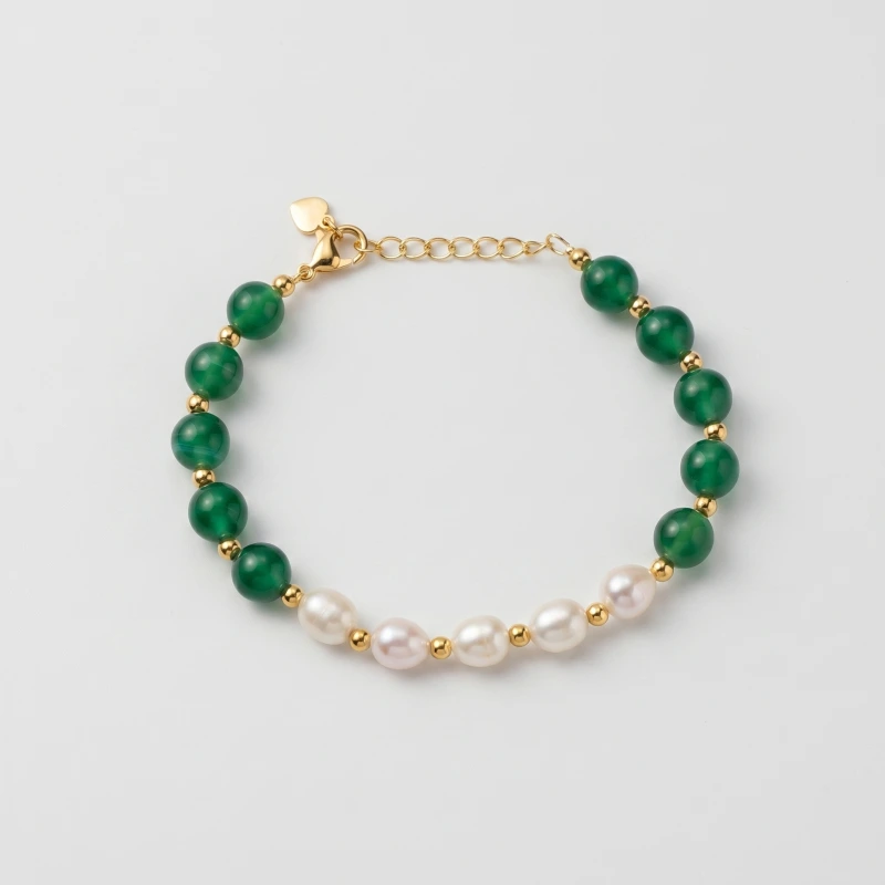 Emerald Agate and Pearl Bracelet - 18K Gold Plated, Adjustable - Main Image