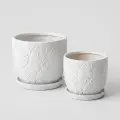 Handmade White Glossy Ceramic Planter Set of 2, 6" & 8", Leaf Design 1