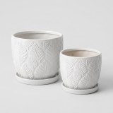 Handmade White Glossy Ceramic Planter Set of 2, 6" & 8", Leaf Design thumbnail 1