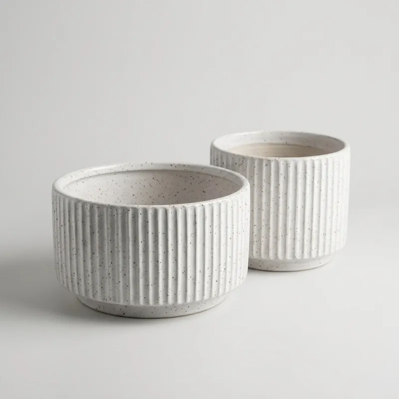 Minimalist Handmade Ceramic Planter Set of 2 - White Striped Modern Decorative Pots - Main Image