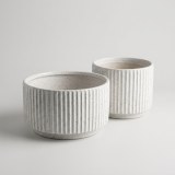 Minimalist Handmade Ceramic Planter Set of 2 - White Striped Modern Decorative Pots thumbnail 1