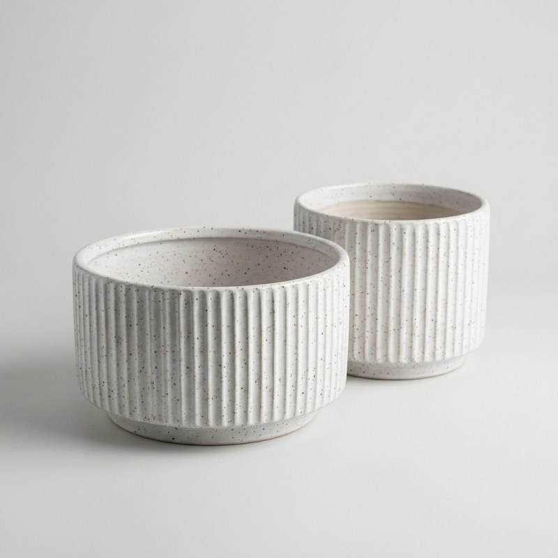 Minimalist Handmade Ceramic Planter Set of 2 - White Striped Modern Decorative Pots - Image 1