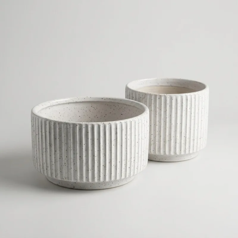 Minimalist Handmade Ceramic Planter Set of 2 - White Striped Modern Decorative Pots - Main Image