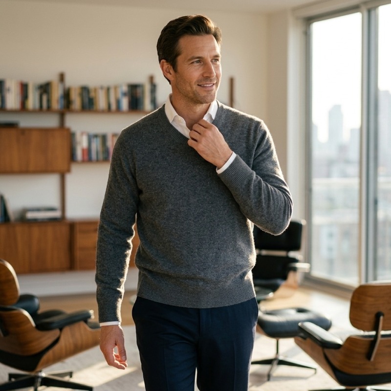 Men's 100% Pure Cashmere V-Neck Sweater - Premium Charcoal Grey Pullover - Image 3