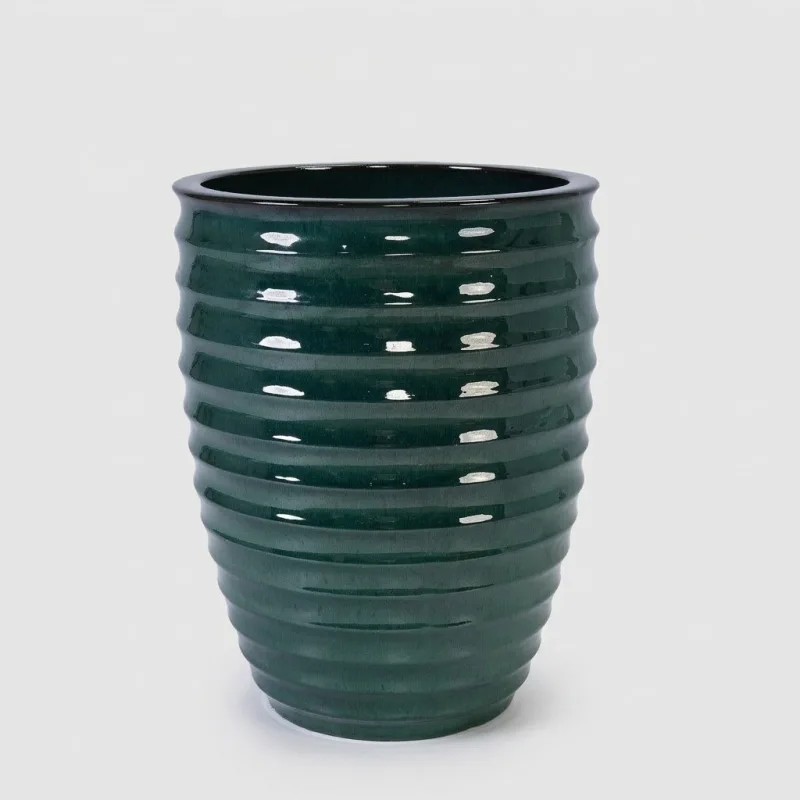 17" Handmade Deep Green Ceramic Planter - Rippled Texture Large Flower Pot - Main Image