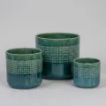 Set of 3 Handmade Green Glazed Ceramic Planters, 10/8/6", Square Grid Design 1