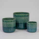 Set of 3 Handmade Green Glazed Ceramic Planters, 10/8/6", Square Grid Design thumbnail 1