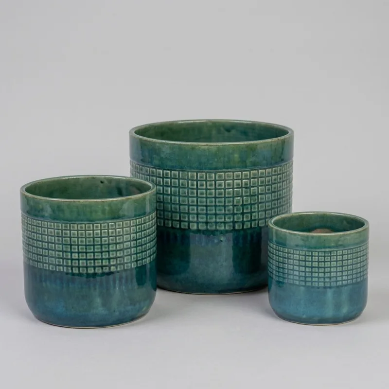 Set of 3 Handmade Green Glazed Ceramic Planters, 10/8/6", Square Grid Design - Main Image