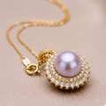 Purple Pearl Double Halo Rhinestone Pendant Necklace, 11.28mm, 19in, 14K Gold Plated 7