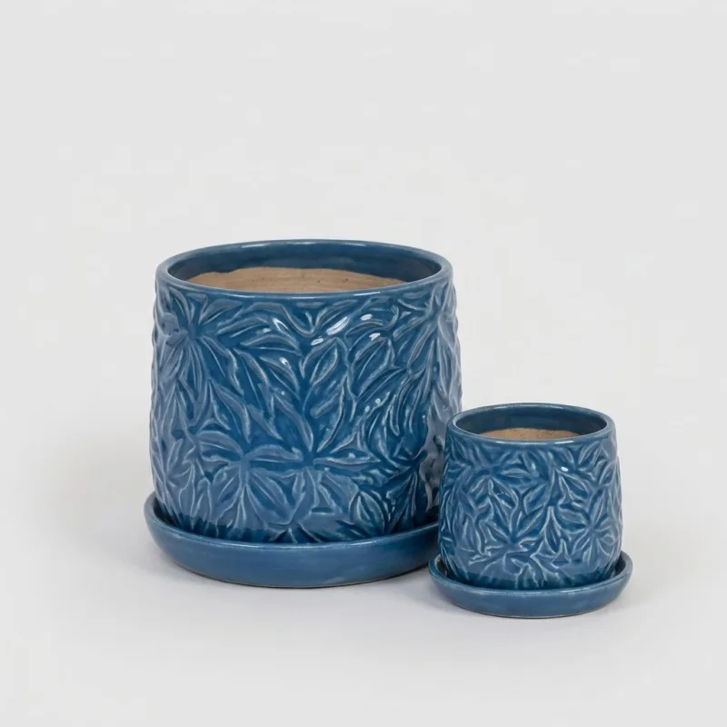 Set of 2 Handmade Blue Ceramic Leaf Pattern Planters with Saucers - 6" & 8" - Main Image