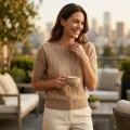 Women's 100% Pure Cashmere Classic Cable Knit Short-Sleeve Sweater 3