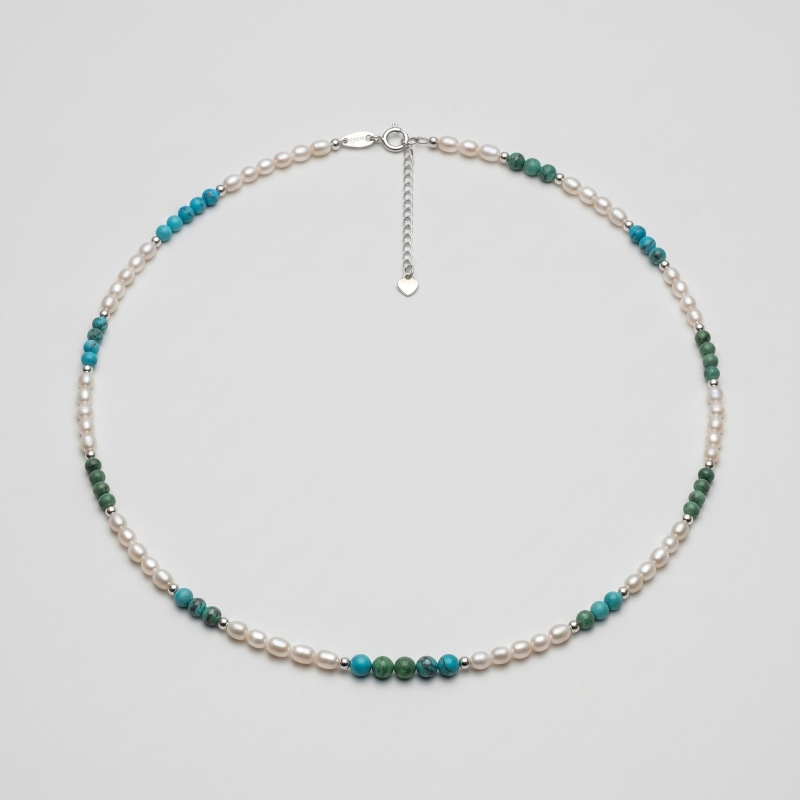 Natural Turquoise & Pearl Necklace 3.6-3.8mm, 18in - Image 1