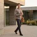 Premium Men's Heavyweight Horizontal Textured Crew Neck Sweater - Camel Heather 2