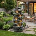 Stacked Rock Outdoor Fountain with LED Lights, Natural Landscape Decor, 23.6"  1