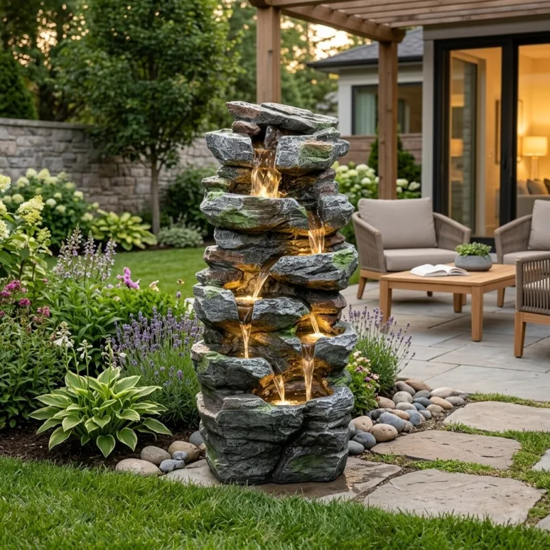 Stacked Rock Outdoor Fountain with LED Lights, Natural Landscape Decor, 23.6" - Main Image