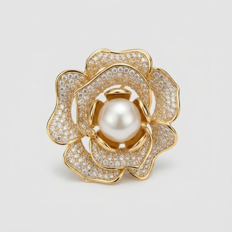 Elegant Gold Rose Pearl Brooch with Sparkling Rhinestones for Women - Main Image
