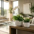 Minimalist Handmade Ceramic Planter Set of 2 - White Striped Modern Decorative Pots 2