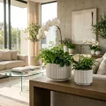 Minimalist Handmade Ceramic Planter Set of 2 - White Striped Modern Decorative Pots 2