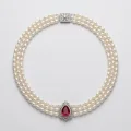 Triple Strand Pearl Necklace with Teardrop Faux Ruby Pendant, 18" 1