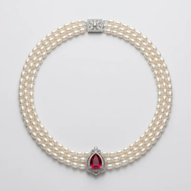 Triple Strand Pearl Necklace with Teardrop Faux Ruby Pendant, 18" - Main Image