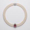 Triple Strand Pearl Necklace with Teardrop Faux Ruby Pendant, 18" 1
