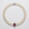 Triple Strand Pearl Necklace with Teardrop Faux Ruby Pendant, 18" 1
