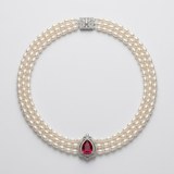 Triple Strand Pearl Necklace with Teardrop Faux Ruby Pendant, 18" thumbnail 1
