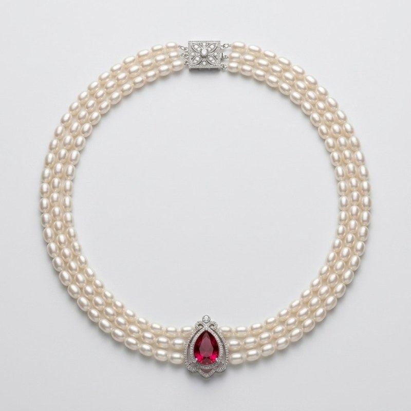 Triple Strand Pearl Necklace with Teardrop Faux Ruby Pendant, 18" - Image 1