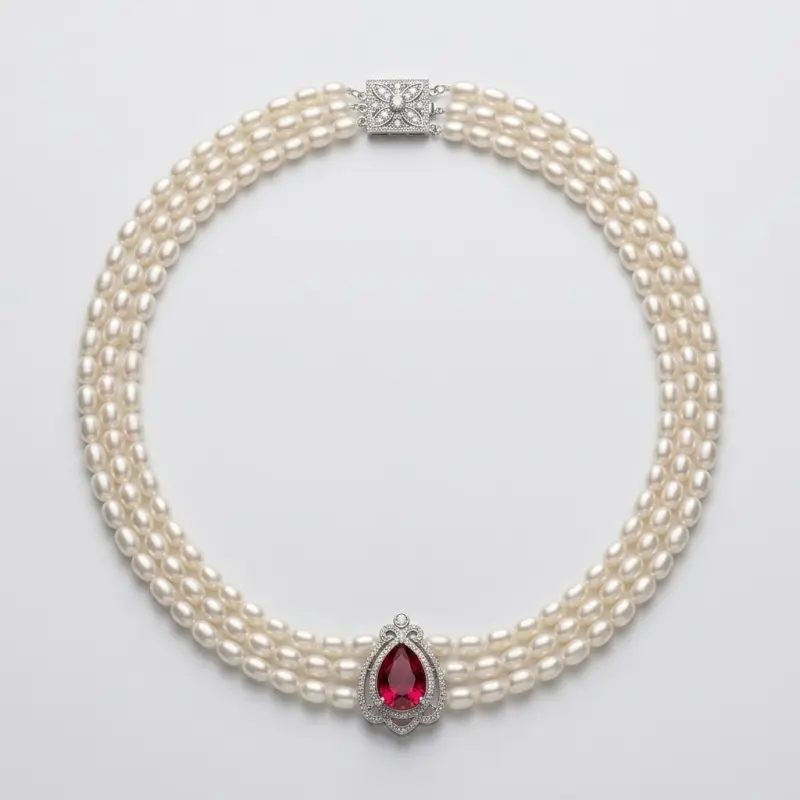 Triple Strand Pearl Necklace with Teardrop Faux Ruby Pendant, 18" - Main Image