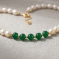 Green Agate and White Pearl Necklace, 8.5mm, 17in, 18K Gold Plated 2