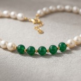 Green Agate and White Pearl Necklace, 8.5mm, 17in, 18K Gold Plated thumbnail 2