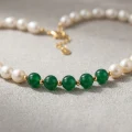 Green Agate and White Pearl Necklace, 8.5mm, 17in, 18K Gold Plated 2