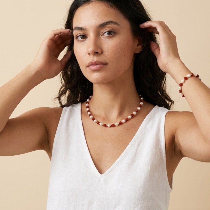 Natural Pearl & Red Agate 14K Gold Plated Necklace and Bracelet Jewelry Set - Image 2