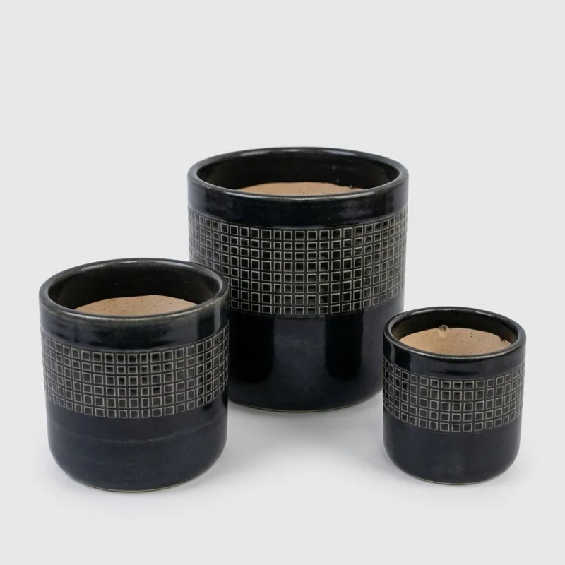 Handmade Black Glazed Ceramic Planter Set of 3 with Drainage Holes - Main Image