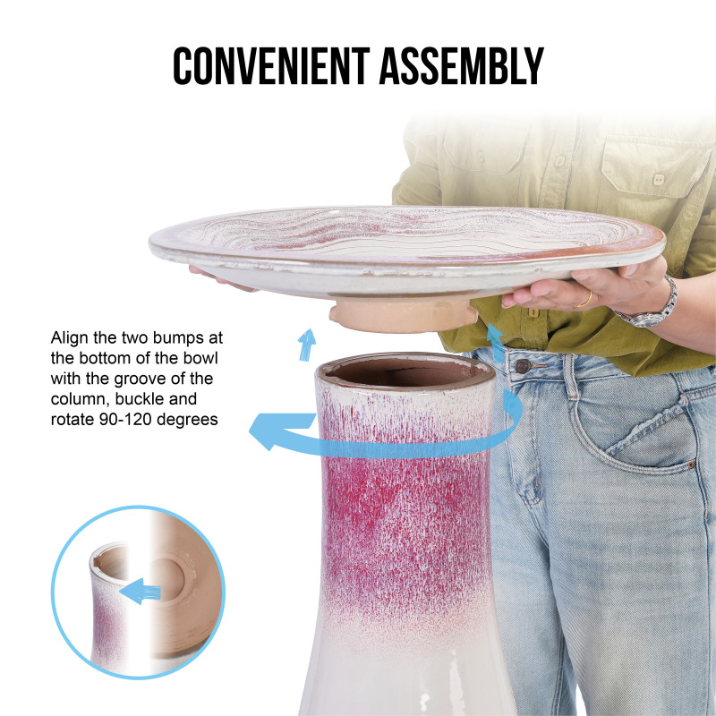 17'' Ceramic Bird Bath, Elegant Rose Ombre Pedestal with Swirl Pattern - Image 4