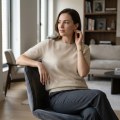 Women's 100% Pure Cashmere Short-Sleeve Top - Beige, Ultra-lightweight, Fine Texture 2