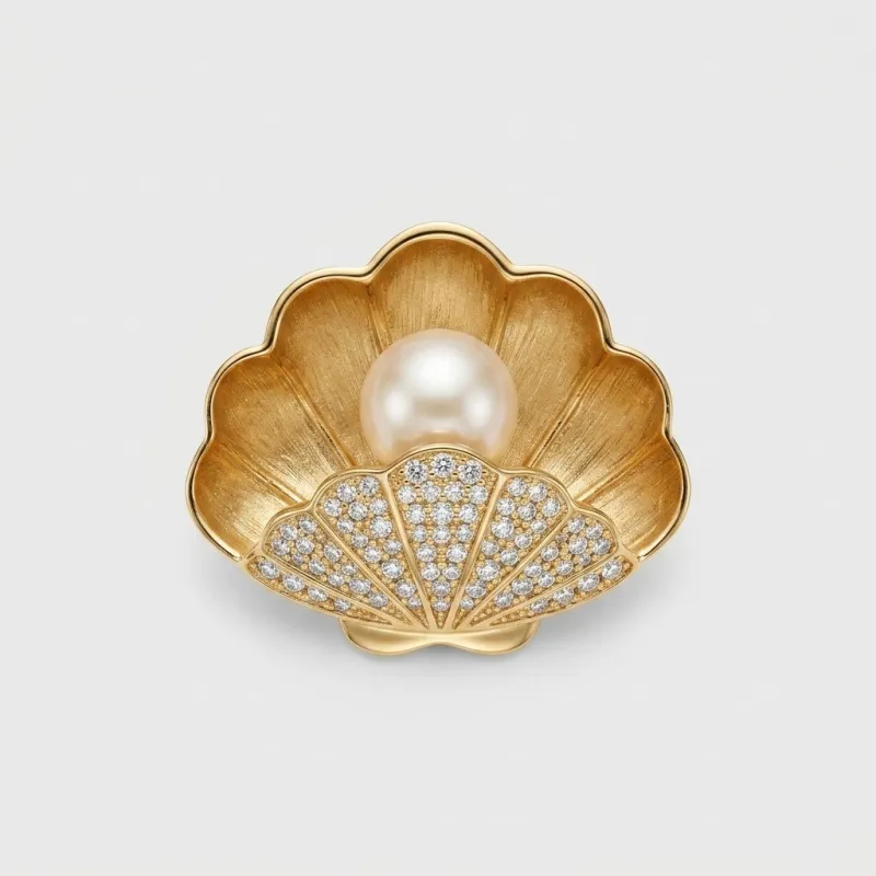 Elegant Seashell Freshwater Pearl Brooch with Sparkling Zirconia 11mm - Main Image