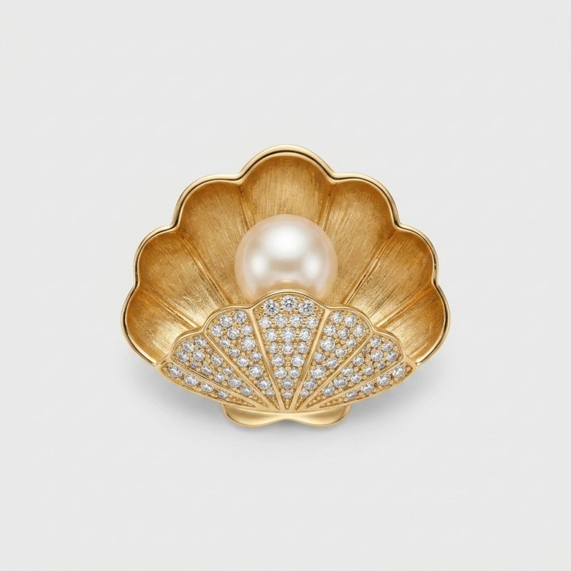 Elegant Seashell Freshwater Pearl Brooch with Sparkling Zirconia 11mm - Image 1