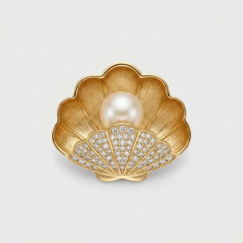 Elegant Seashell Freshwater Pearl Brooch with Sparkling Zirconia 11mm - Main Image