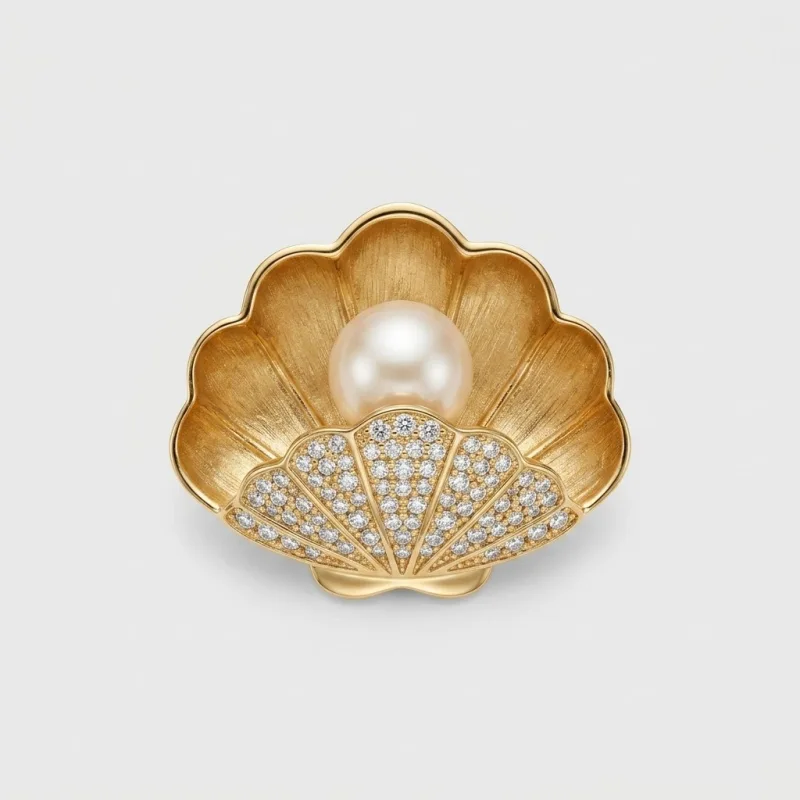Elegant Seashell Freshwater Pearl Brooch with Sparkling Zirconia 11mm - Main Image